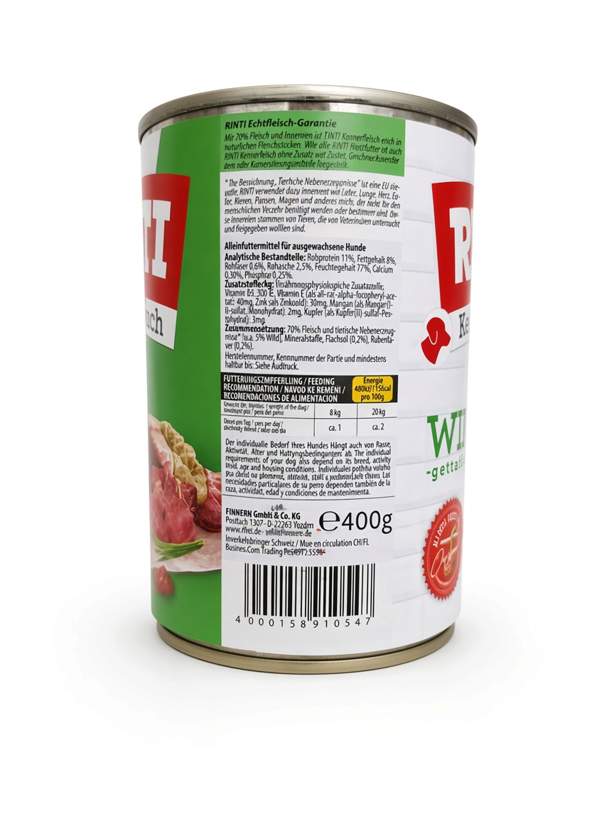 VilosTierland Rinti Kennerfleisch Wild Nassfutter Dose mit 400 g Inhalt und detaillierten Produktinformationen