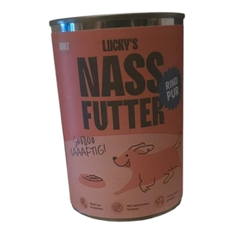 Lucky's Nassfutter Rind pur 400 g – Vorderseite der Dose