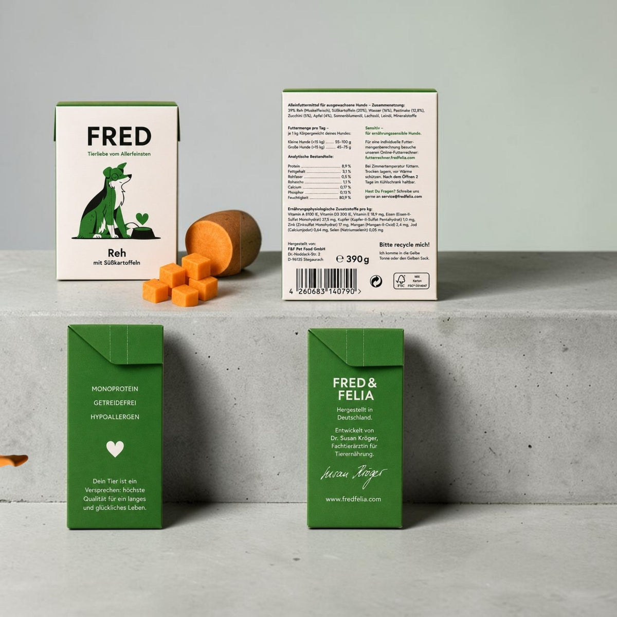 Reh mit Süßkartoffeln – Getreidefreies Alleinfutter für ausgewachsene Hunde – 390 g