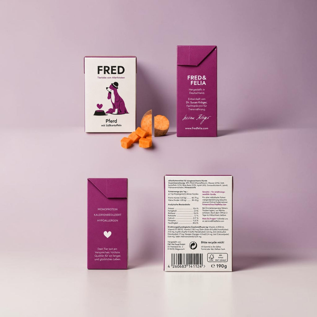 Fred Pferd mit Süßkartoffeln – Getreidefreies Alleinfutter für ausgewachsene Hunde – 190 g