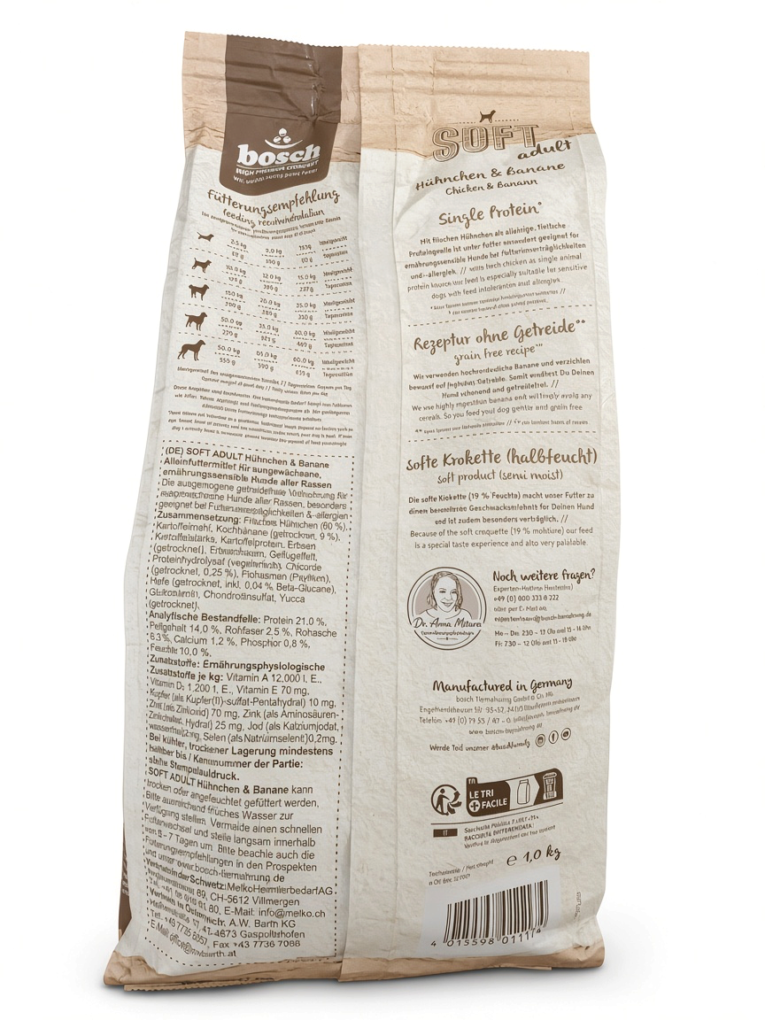 VilosTierland Bosch Soft Adult Hundefutter mit Huhn und Banane in der 1 kg Packung mit detaillierten Informationen