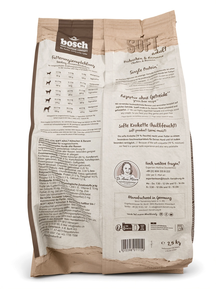 VilosTierland Bosch Soft Adult Hundefutter mit Hühnchen und Banane in der 2,5 kg Packung für sensible Hunde