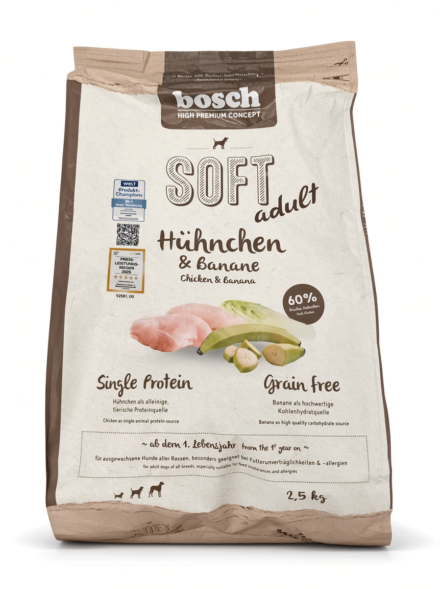 VilosTierland Bosch Soft Adult Hundefutter mit Hühnchen und Banane in einer 2,5 kg Packung für sensible Hunde
