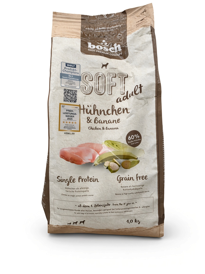 VilosTierland Bosch Soft Adult Hundefutter mit Hühnchen und Banane in der 1 kg Packung für sensible Hunde
