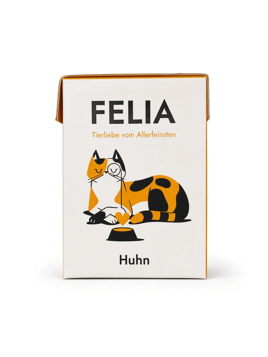 VilosTierland Felia Huhn Nassfutter für Katzen im praktischen Tetra Pak mit illustrierter Katze auf weißem Grund