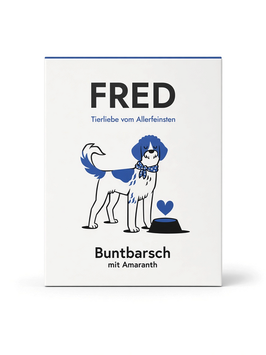 VilosTierland FRED Buntbarsch mit Amaranth Nassfutter im weißen Tetra Pak mit Hunde-Illustration