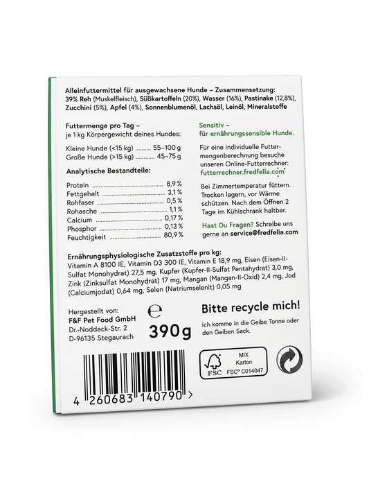 VilosTierland FRED Reh mit Süßkartoffeln Hundefutter Rückseite der Tetra Pak Verpackung mit Inhaltsangaben