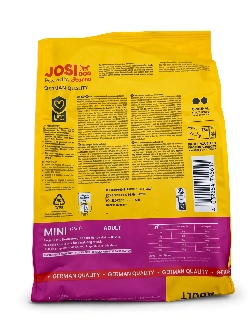 Rückseite der VilosTierland Josera Miniwell Trockenfutter Packung für kleine Hunde mit Produktinformationen