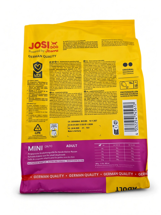 Rückseite der VilosTierland Josera Miniwell Trockenfutter Packung für kleine Hunde mit Produktinformationen