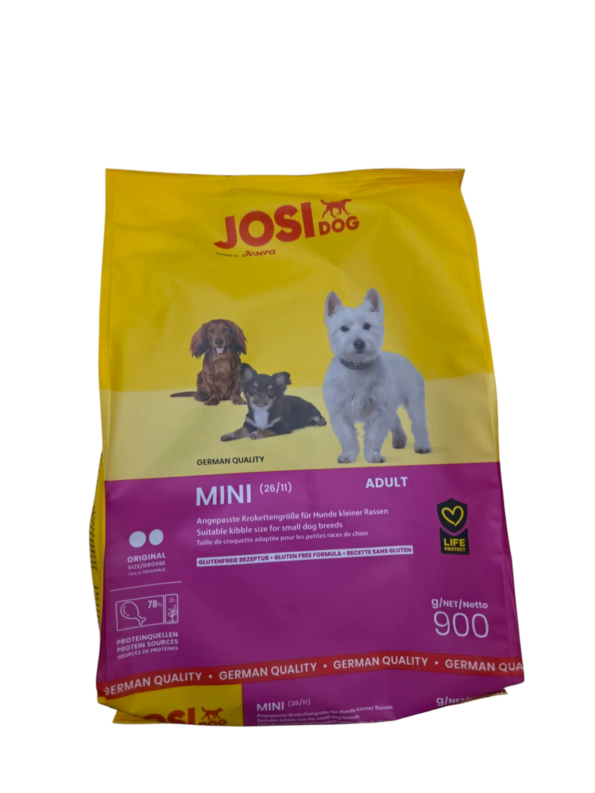 VilosTierland Josera Miniwell Trockenfutter für kleine Hunde in gelb-violetter 900g Packung mit Hundemotiven